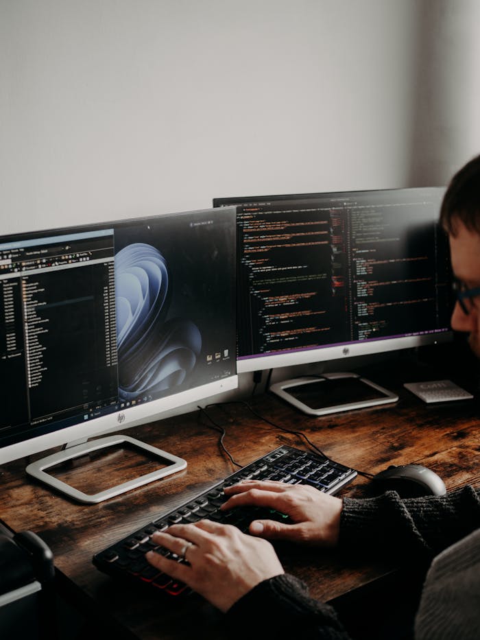 A man working on website design and coding at a home office with a dual monitor setup.